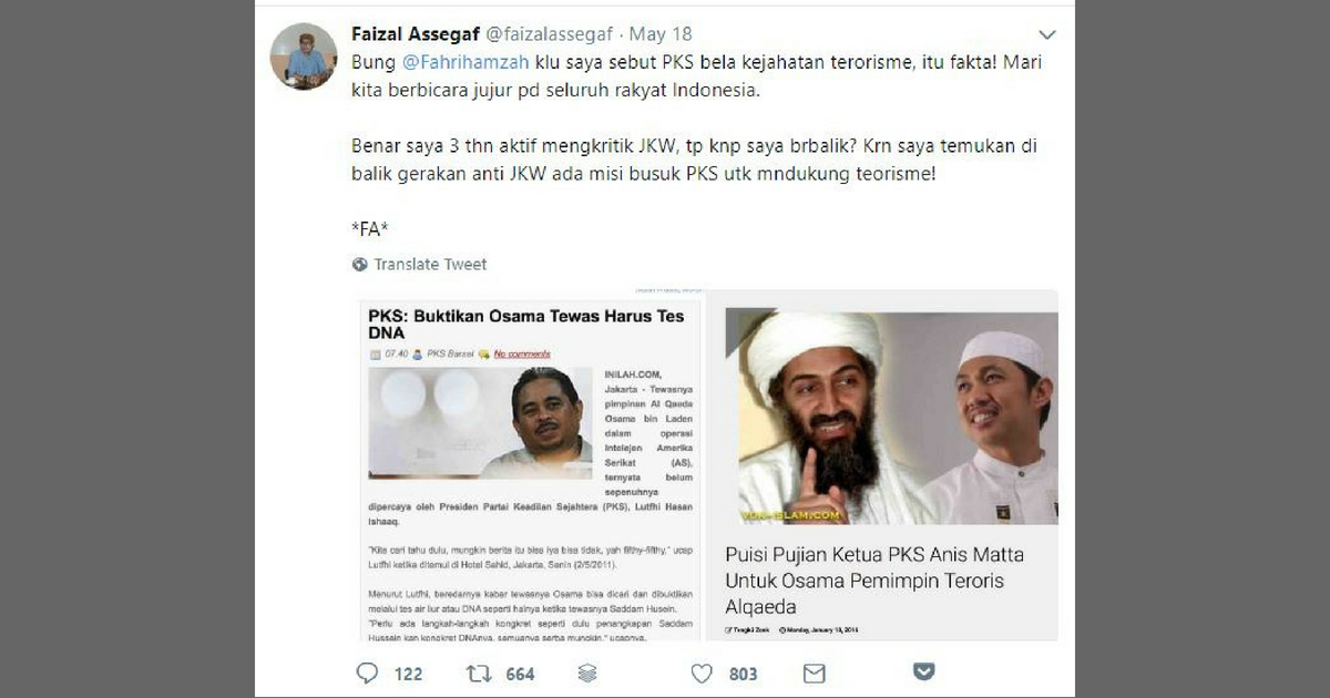 In this tweet from the Twitter account of former Presidium Alumni 212 leader Faizal Assegaf, he is responding to Deputy House Speaker Fahri Hamzah by writing, “… if I say that PKS defends the evils of terrorism, that’s fact!” Let us talk honestly to all the people of Indonesia. It’s true I was active for three years in criticizing (President Joko WIdodo) so why did I turn around? Because I found out that behind the anti-Jokowi movement there is the vile mission of PKS supporting terrorism!” The tweet also includes screenshots of articles in which PKS officials question Osama Bin Laden’s death and praise the Al Qaeda leader through poetry. 