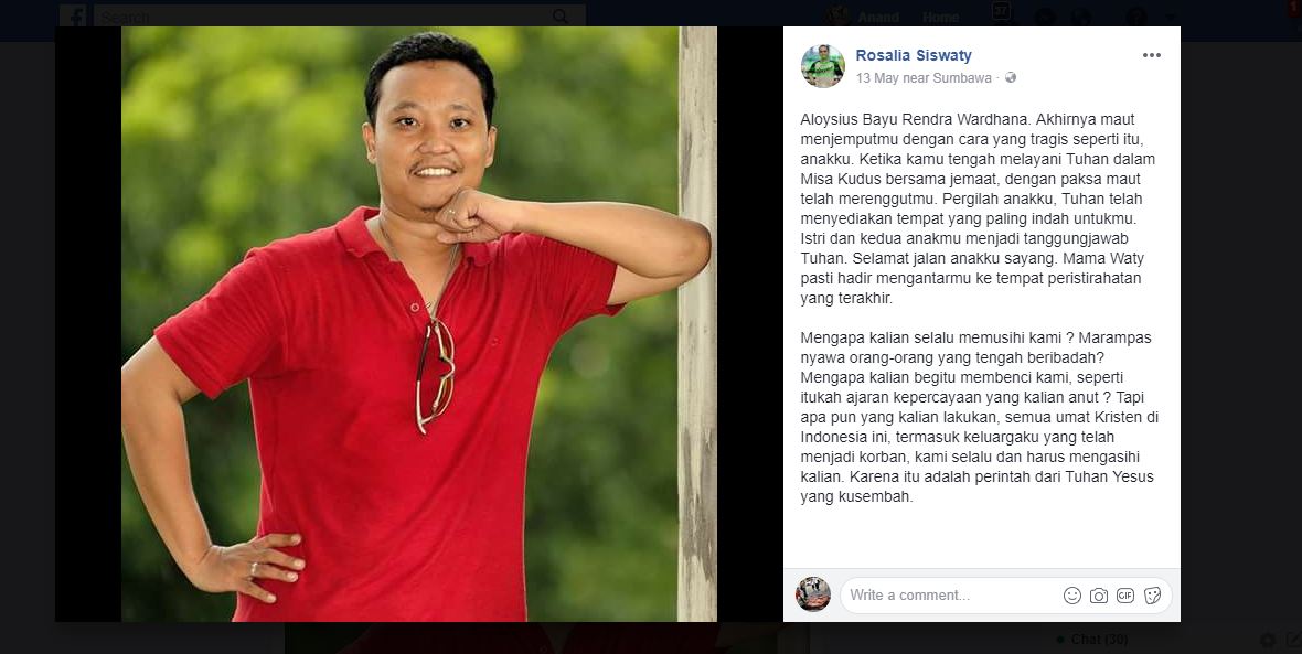 Rosalia Siswaty’s eulogy for her son, Aloysius Bayu Rendra Wardhana, who  died in the terrorist attack on the Santa Maria church in Surabaya on Sunday morning. In it, she addresses the attack’s perpetrators by saying, “… no matter what you have done, all Christians in Indonesia, including my family whom you have victimized, will always and must love you. Because that is the command of the Lord Jesus that I worship.” Photo: Rosalia Siswaty / Facebook 
