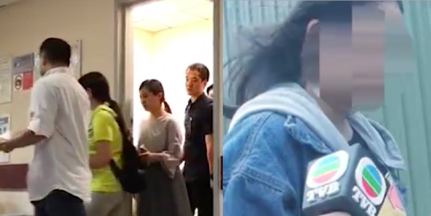A woman surnamed Shum  (left wearing a yellow t-shirt) visiting her twin grandsons in hospital days after filing a false police report that led to her daughter-in-law (right) being arrested. Screengrabs via Apple Daily.