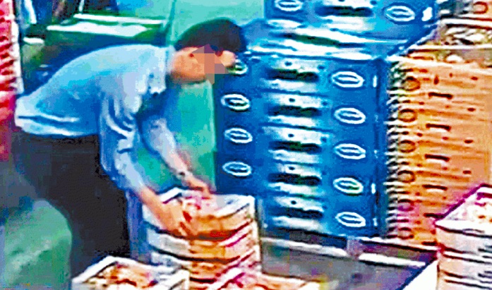 A mystery man was caught on CCTV stealing a box of avocados and Korean melon from the Yau Ma Tei fruit market. Screengrab via Apple Daily video.