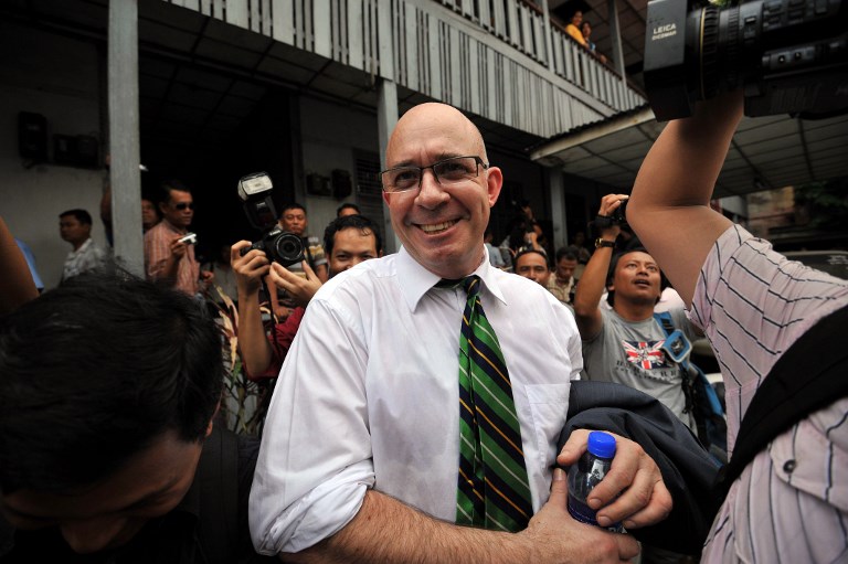 Australia’s Ross Dunkley, co-founder of the Myanmar Times, leaves the Kamaryut township court after his final hearing, in Yangon on June 30, 2011. / AFP PHOTO/Soe Than WIN /