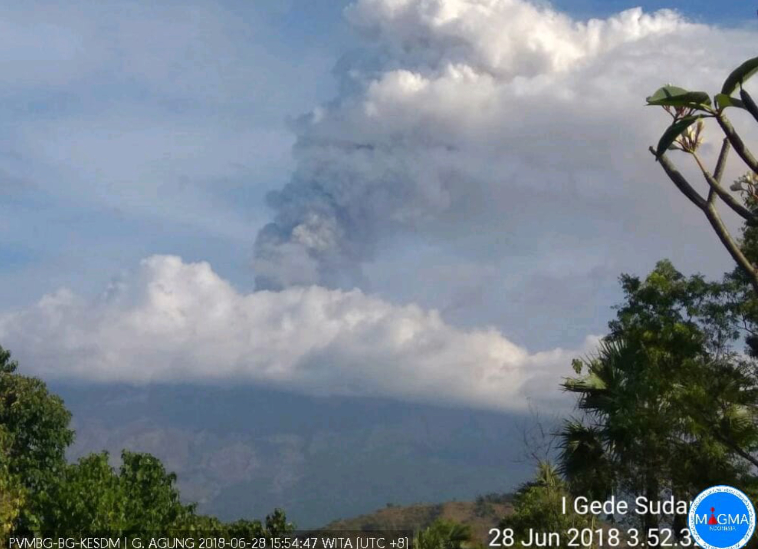 Mount Agung erupting on June 28, 2018. Photo: BNPB