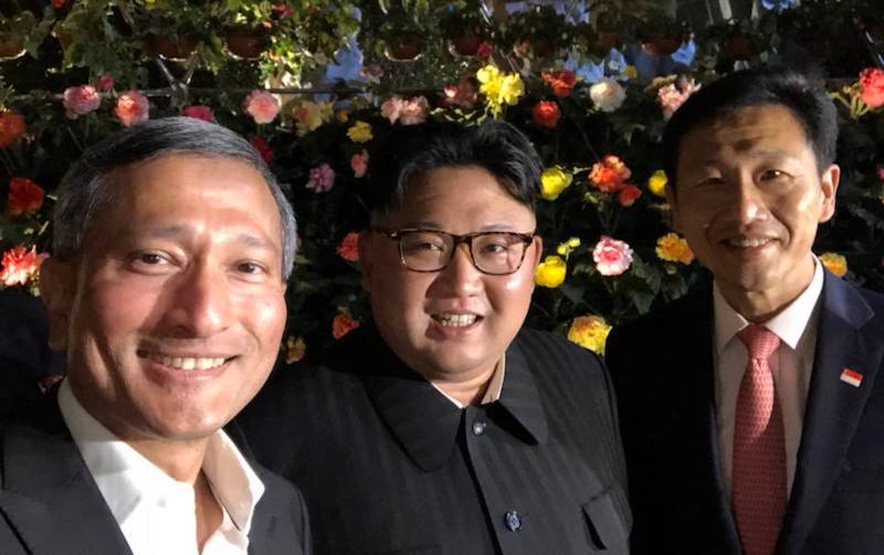 From left: Foreign Minister Vivian Balakrishnan, North Korean leader Kim Jong un, Education Minister Ong Ye Kung. Photo: Vivian Balakrishnan / Facebook