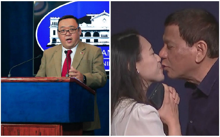 Harry Roque (left) and President Rodrigo Duterte kissing OFW Bea Kim (right). (Photos from ABS-CBN News)