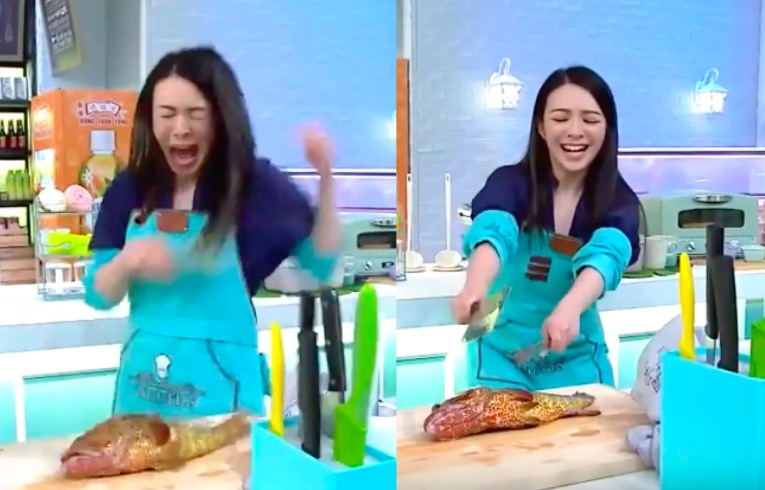Cantopop singer JW challenged to kill a fish on a cooking show. Screenshot via YouTube.