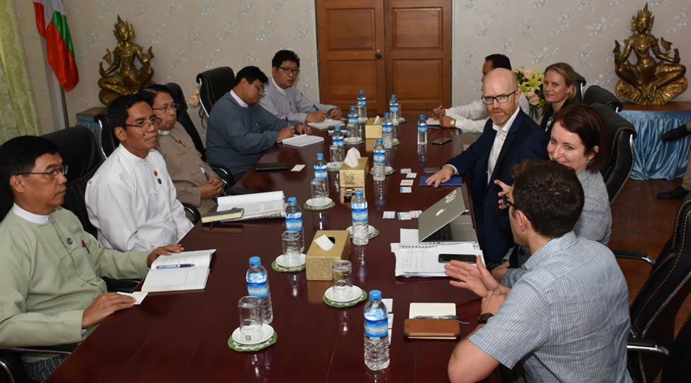 Union Minister for Information Dr. Pe Myint meets Facebook vice president Simon Milner at the Ministry of Information on June 5, 2018. Photo: MOI