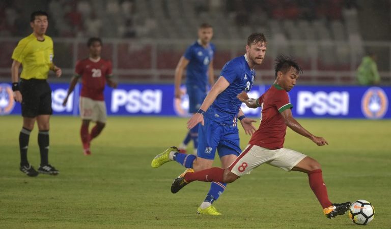 Indonesia taking on Iceland in a friendly match in Jakarta on January 14, 2018. The European nation, population 350,000, qualified for the 2018 World Cup – its first ever. Indonesia, population 260 million, has never even come close. Photo: AFP / Adek Berry