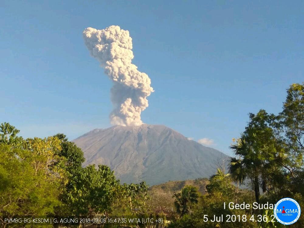 Mount Agung erupting on July 5, 2018. Photo: I Gede Sudarsana/MAGMA Indonesia