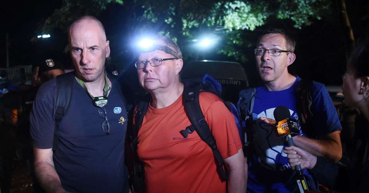 Three British cave-divers, Richard William Stanton, Robert Charles Harper, and John Volanthen arrive at Khun Nam Nang Non Forest Park in Chiang Rai on June 27, 2018. Photo: AFP
