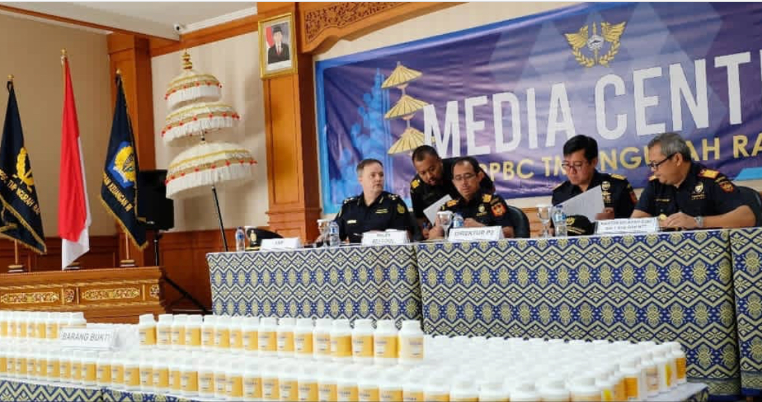 Look at all that evidence lined up at a press conference announcing the precursor drug bust on July 16, 2018. Photo: Ngurah Rai Customs