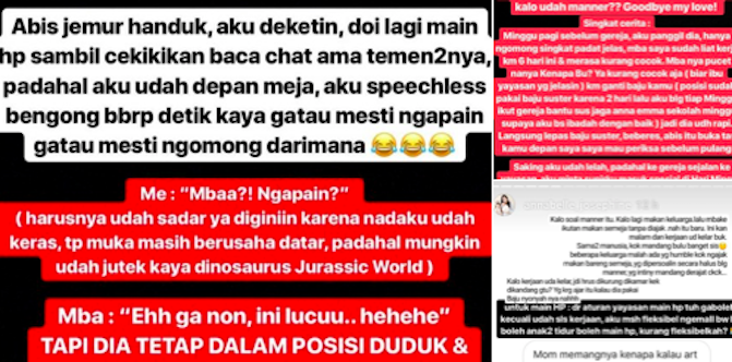 Screenshots containing the story of how an Indonesian “selebgram” fired her domestic worker for sitting at the family dining table and playing with her phone. Photo: Twitter/@selphieusagi