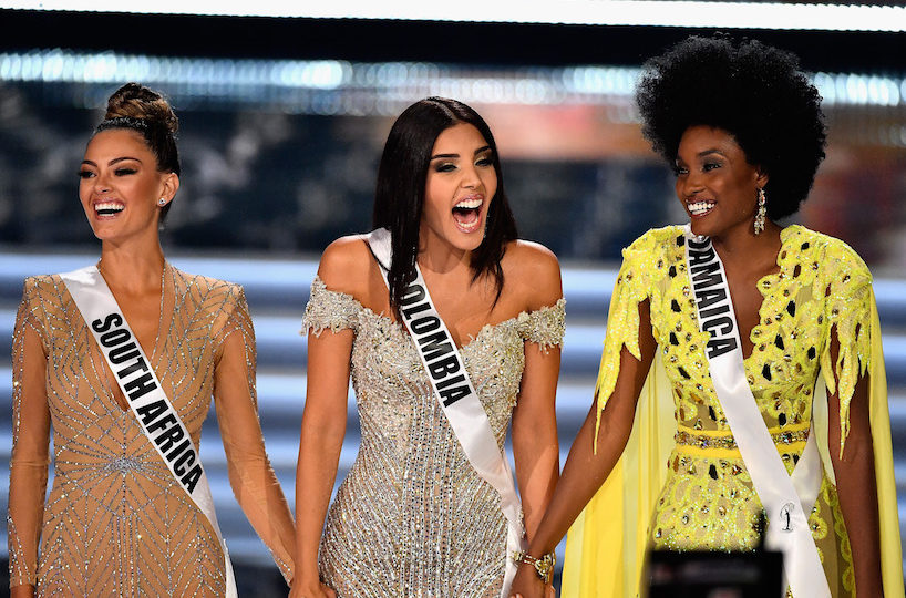 Top 3 finalists Miss South Africa 2017 Demi-Leigh Nel-Peters, Miss Colombia 2017 Laura Gonzalez, and Miss Jamaica 2017 Davina Bennett compete during the 2017 Miss Universe Pageant at The Axis at Planet Hollywood Resort & Casino on November 26, 2017 in Las Vegas, Nevada. Photo: AFP