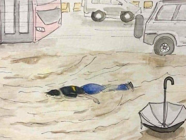 A drawing of Myo Mins body in the puddle in which he was electrocuted on July 13, 2018. The image has been used as part of an online campaign to fix Yangon’s power grid.