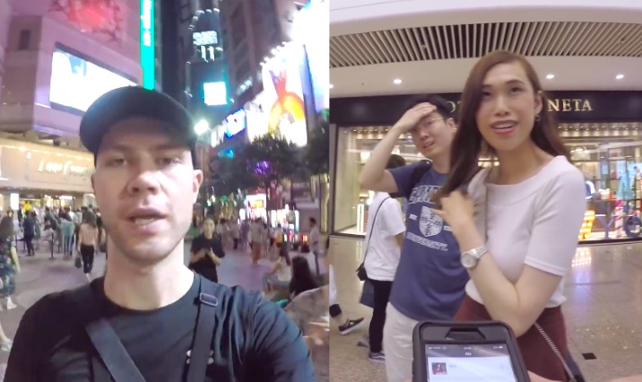 Pickup artist ‘Explorer Nick’ in Causeway Bay (left) and a screenshot from a recent vlog where he asks a local HK woman for her phone number in front of her boyfriend (right). Screenshots via YouTube.