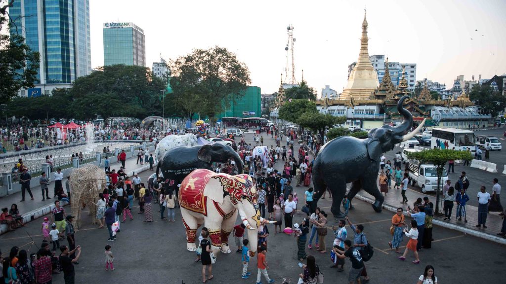 The record-breaking elephant sculpture (right) in Maha Bandoola Park. Photo: Voices for Momos