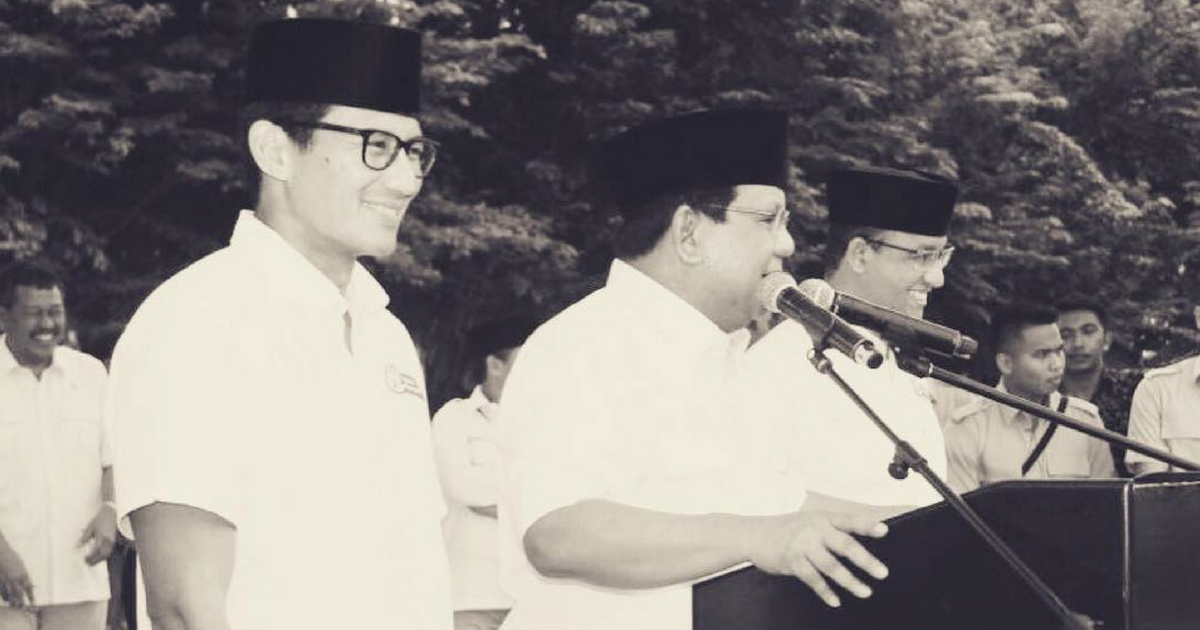 (L-R): Former Jakarta Vice Governor Sandiaga Uno, Gerindra Chairman Prabowo Subianto, Jakarta Governor Anies Baswedan. Photo: @Prabowo / Instagram