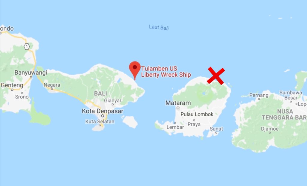 Cresswell had been at one of Bali’s most popular dive sites, the USAT Liberty in Tulamben when the earthquake rocked north Lombok (marked by an X) on August 5. Image from Google Maps. 