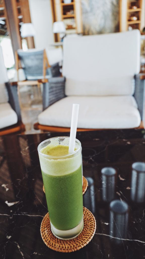 The welcome juice: ginger, apple, kale, and lemon cold pressed. Photo: Coconuts Bali