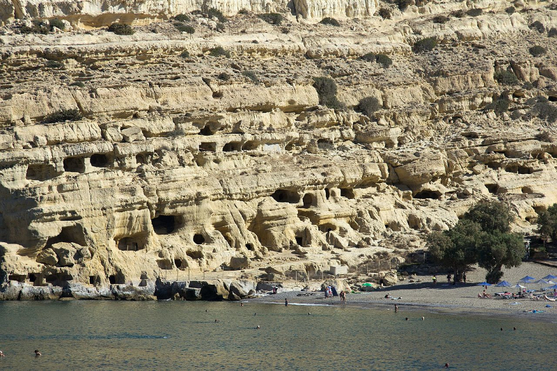 The Matala caves on the Greek island of Crete served as temporary lodgings for thousands of wandering hippies. Photo: Wikimedia Commons. 