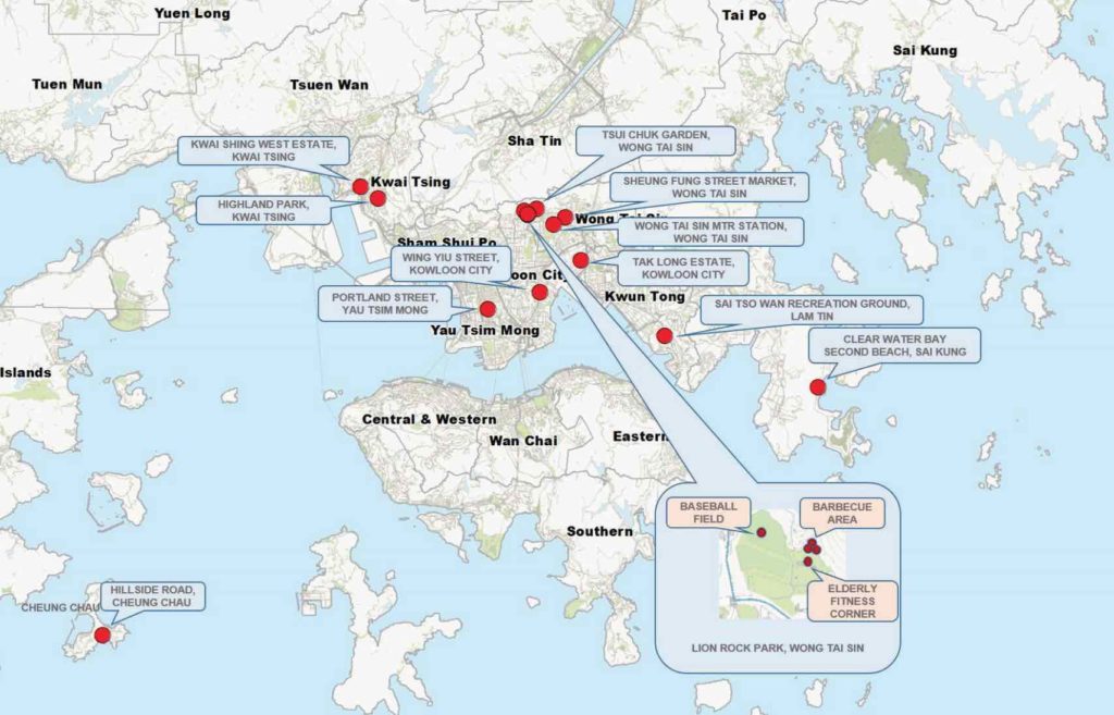 The locations of the residences and local movementof the seven recently-detected dengue cases. Map: CHP