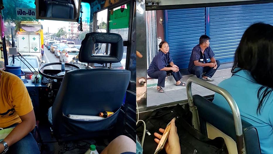 Photos posted on Aug. 3, 2018 show a bus driver and conductor leaving their vehicle to take a roadside smoke break amid paralyzed, rush-hour traffic. Photo: Titinan Jantankpol/ Facebook