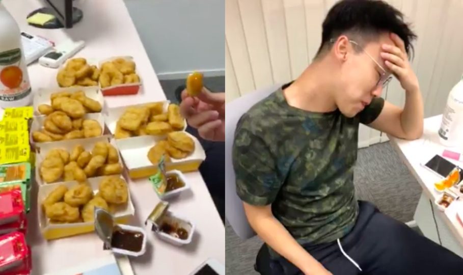 A man called Joe was challenged to eat 90 chicken McNuggets in 90 minutes. Screenshot via Facebook video.