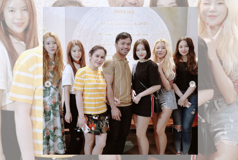 Photo: Members of Momoland with Manny Pacquiao and his wife Jinkee. From Jinkee’s IG account.