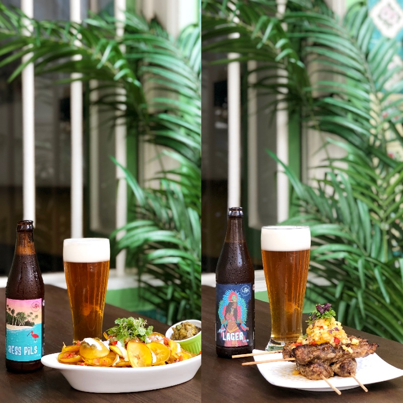 (Left) Bess Pils beer with Caribbean Nachos; (Right) Allyuh Lager with Jerk Chicken Skewers. Photo: Lime House