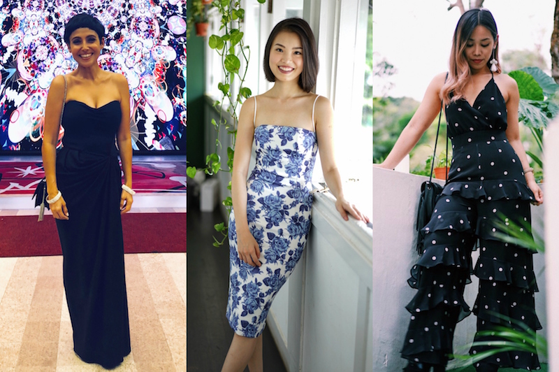 TV presenter Anita Kapoor, Miss Universe Singapore 2013 finalist Clarabelle Faith, and local musician Gayle Nerva dressed in outfits from Rentadella. Photos: Rentadella
