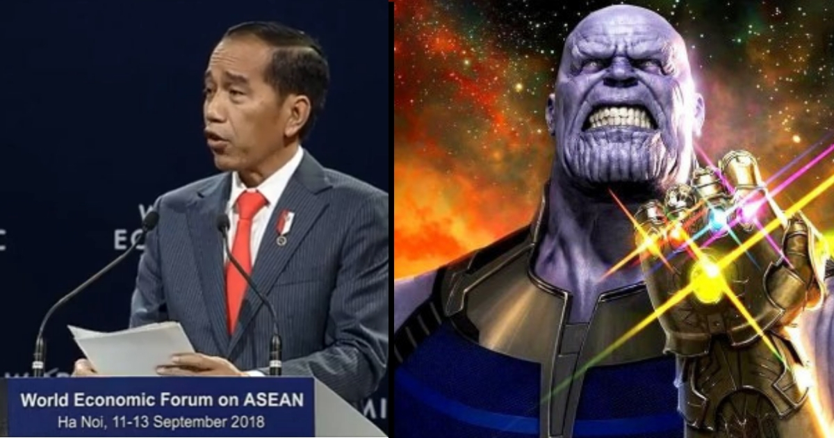 Left: Indonesian President Joko Widodo speaking at the World Economic Forum meeting in Hanoi on Sept 12, 2018. Right: Thanos from “Avengers: Infinity War”