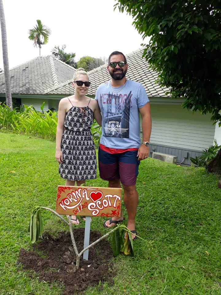 The newlyweds appeared on the resort's social media with the caption: 'In honor of our wedding couple of last week, Korina and Scott, a new sign was placed in the gardens. We hope. of course, that Korina and Scott will come again to see how their 'wedding tree' will grow.' Photo: Centara Villas Samui/Facebook