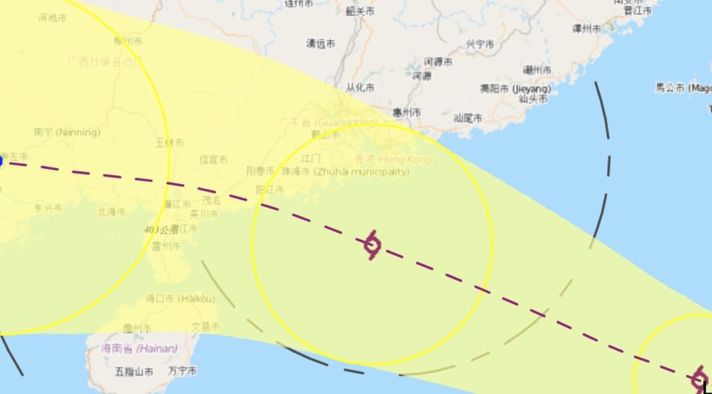 The forecast track of super typhoon mangkhut to the south of Hong Kong. Via HKO