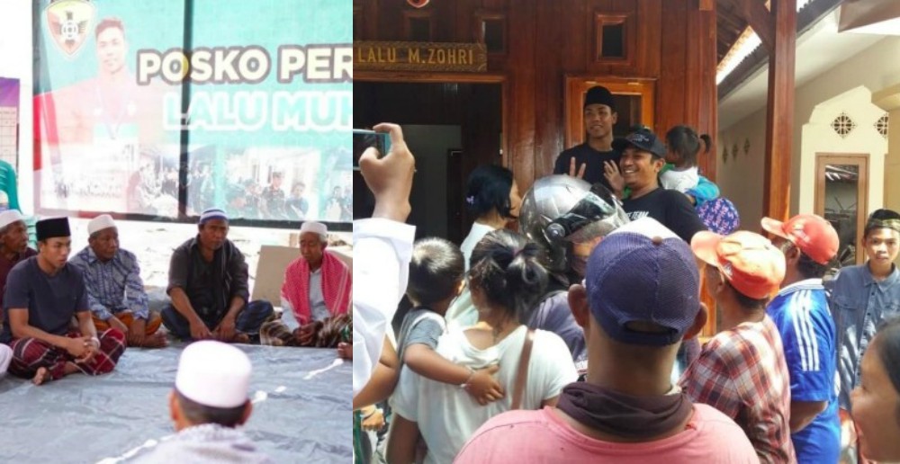 Left: Zohri sits in an evacuation post in Lombok. Right: Zohri is flooded with visitors at his newly renovated home in North Lombok. Photos via Twitter/@giewahyudi