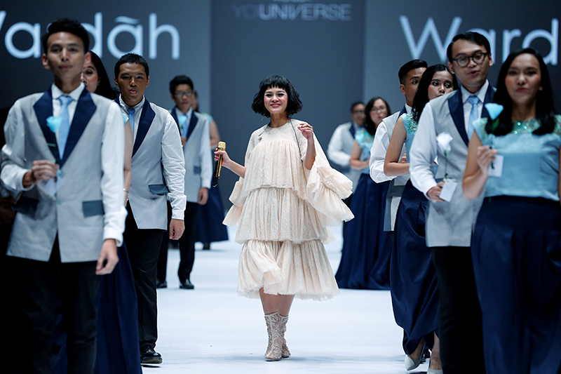 OCTOBER 23: A model walks the runway of Wardah featuring Spring Summer 2017 collection by Dian Pelangi during the Jakarta Fashion Week 2017 in Senayan City, Jakarta.