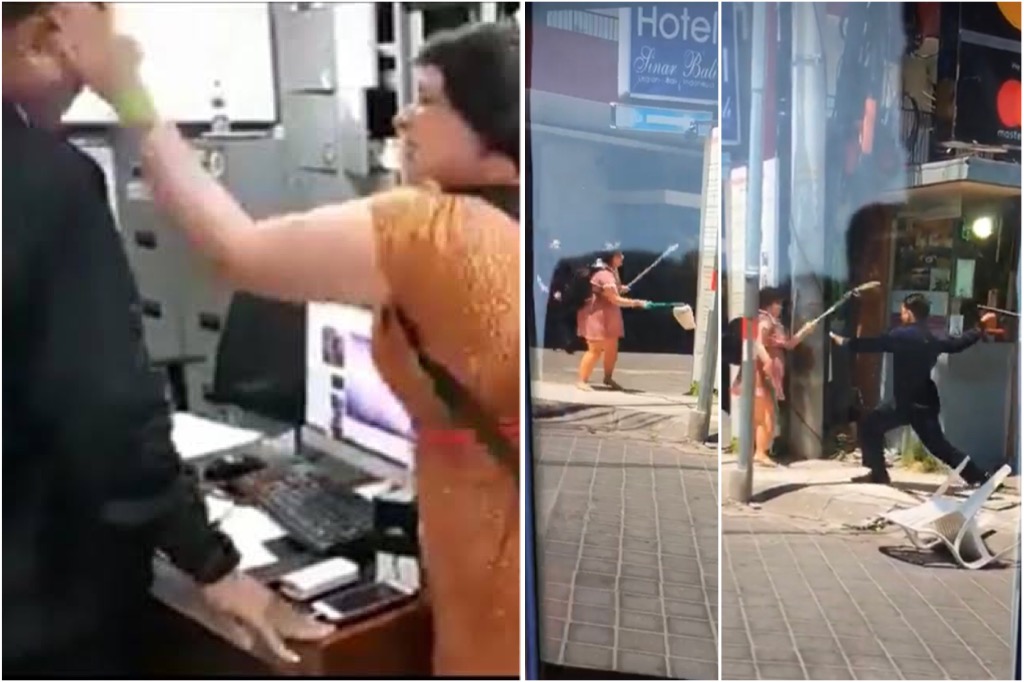 Left: Viral footage of British national Auj-e Taqaddas slapping a Bali immigration officer. Photos on right: Stills taken from viral footage of what appears to be the same woman, nicknamed by netizens as “Dora the Explorer,” as she brawls with security outside a hotel in Legian.