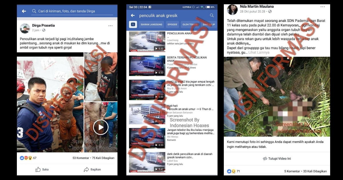 Screenshots of viral child kidnapping hoaxes debunked by Indonesia Hoaxes. 