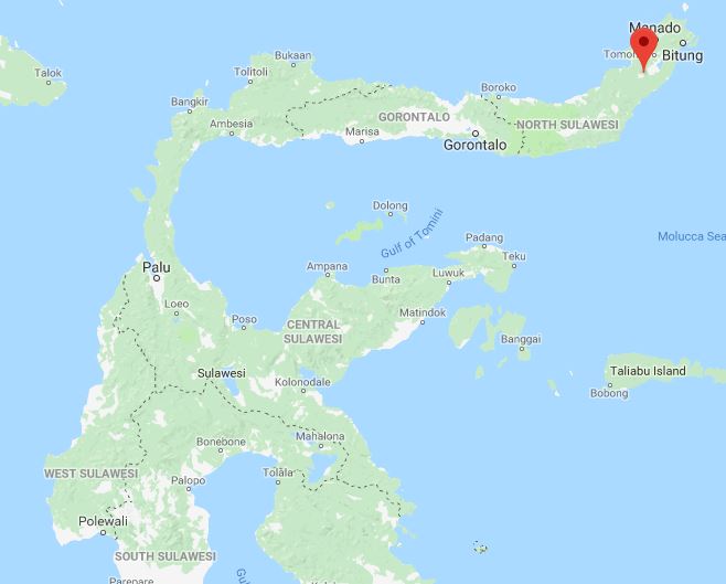 Mount Soputan (indicated by the red marker) is located in North Sulawesi. Destruction caused by Friday's earthquake and tsunami was centered around the city of Palu in Central Sulawesi. Image: Google Maps