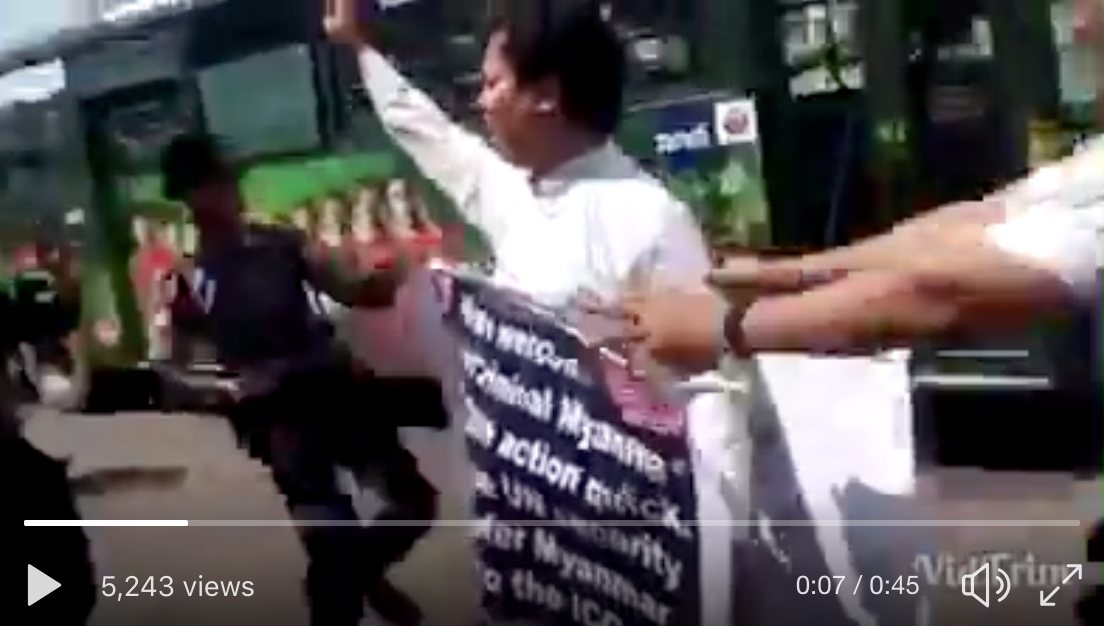 An anti-war protester is arrested outside Yangon’s city hall on Sept. 27, 2018. Source: Twitter / FreeKachin