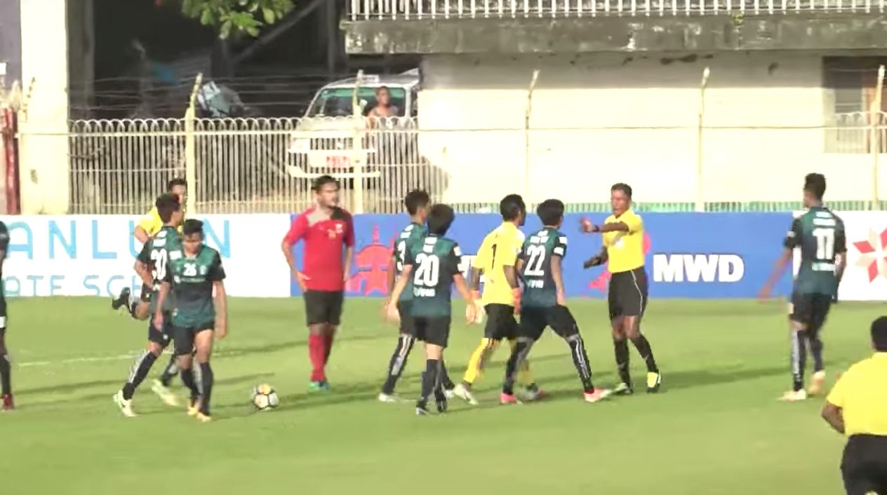 Yangon United players fight with referees at the General Aung San Shield tournament on Sept. 30, 2018. Source: Eleven Media