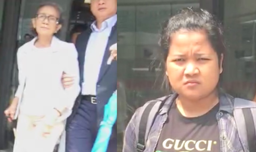 (Left) Gee Hoo-giok walking out of District Court. She has been accused of scalding her domestic worker Ismati (right). Screengrabs via Apple Daily.