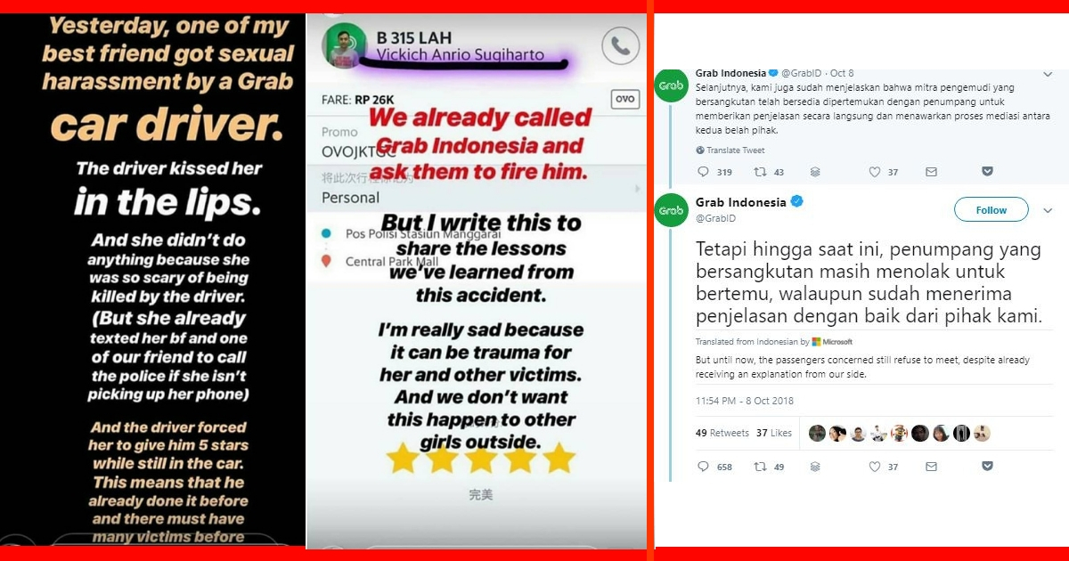 The Instagram story detailing the customer’s claim of sexual assault and the response from Grab Indonesia’s Twitter account saying that they had offered to hold a mediation between the customer and the driver but the customer had refused. 