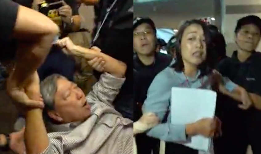 (Left) Labour party candidate Lee Cheuk-yan getting carried out by security guards during a briefing for the upcoming Kowloon West by-election. He put his name forward after Lau Siu-lai (right) was barred from running in the same election weeks earlier. Screengrabs via Apple Daily video.