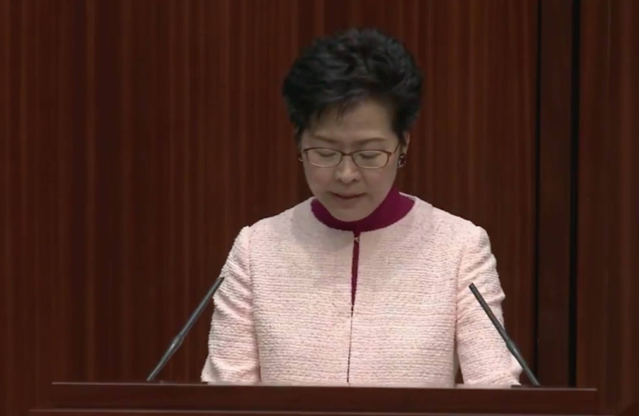 Carrie Lam addressing lawmakers this morning. Via Legco webcast