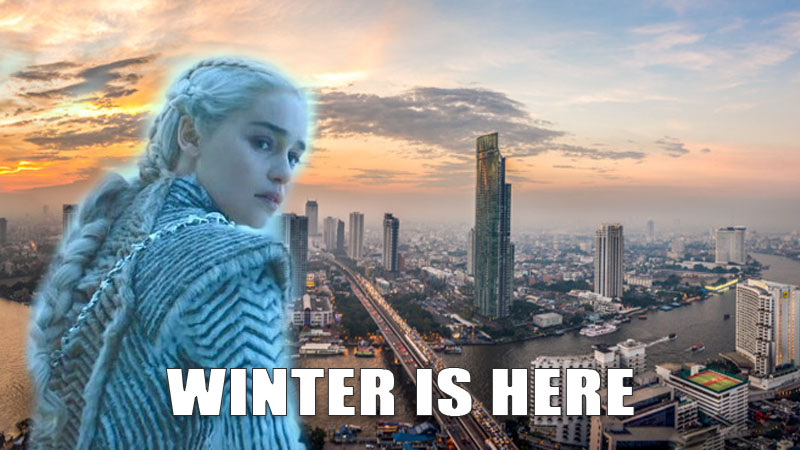 A screenshot of Daenerys Targaryen from series Game Of Thrones: HBO; File photo of Bangkok skyline: Brian Boeck/ Coconuts Media