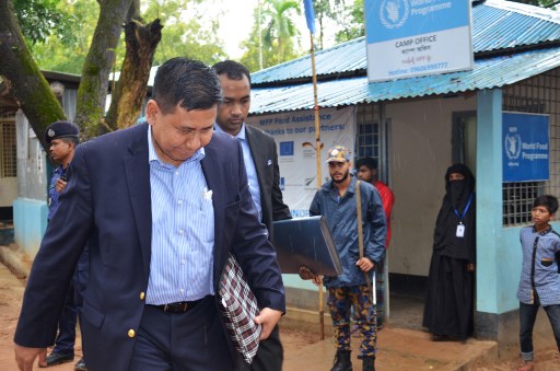 Myanmar Foreign Secretary Myint Thu walks during his visit at a Rohingya refugee camp in Cox’s Bazar on October 31, 2018. Suzauddin Rubel/AFP