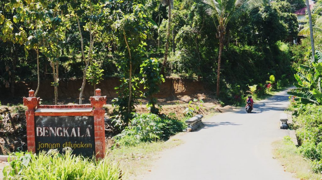 Asih and her mother drive home, past a sign, which reads: “Don’t forget Bengkala”. Photo: Coconuts Bali
