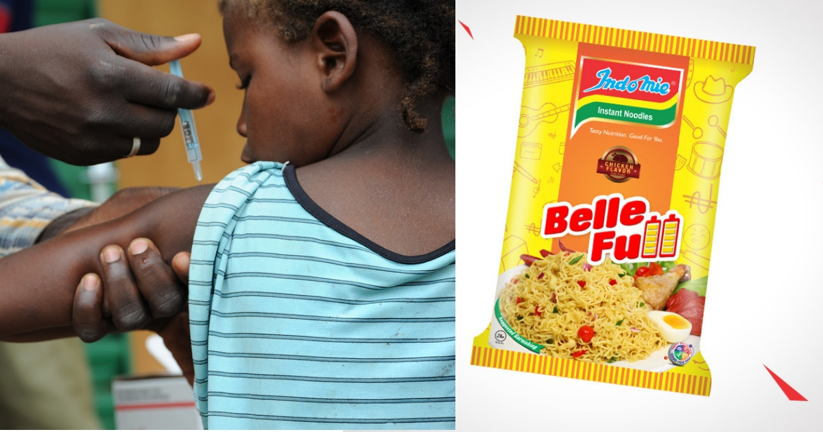 (Left) Child receiving immunization shot. Photo: WHO / Flickr. (Right) Package of Indomie “Belle Full” from Nigeria. Photo: Dufil Prima Foods