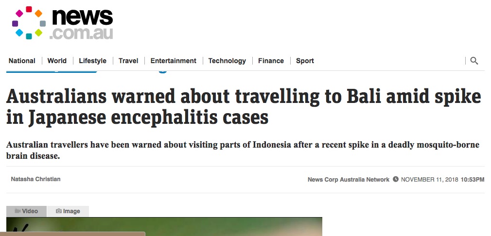 Photo: News Corp warns Australian travelers, saying Indonesian officials have noted a rise in JE cases, without any actual attributions.