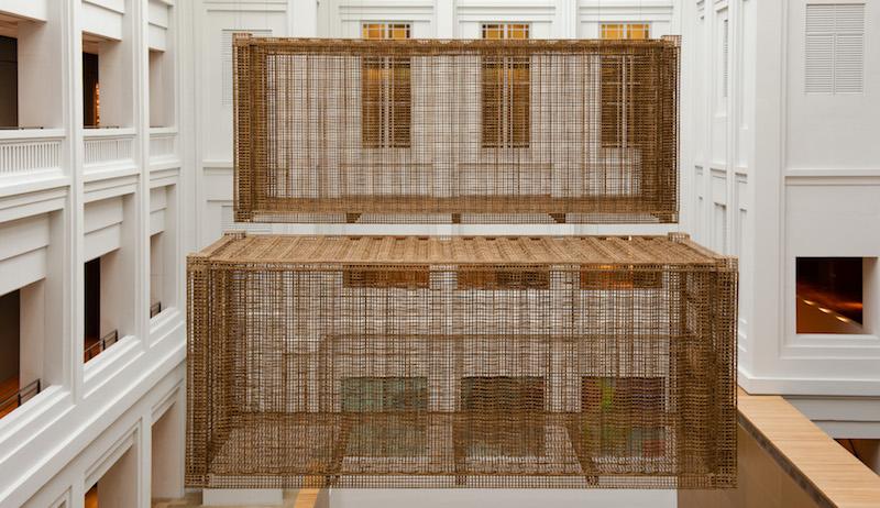 Sopheap Pich, ‘Cargo’, 2018. The sculpture is based on the form of a 20ft shipping container, at 1:1 scale. But while shipping containers are opaque with their contents hidden, we can see through these ones, which hold only air. Photo: National Gallery Singapore 