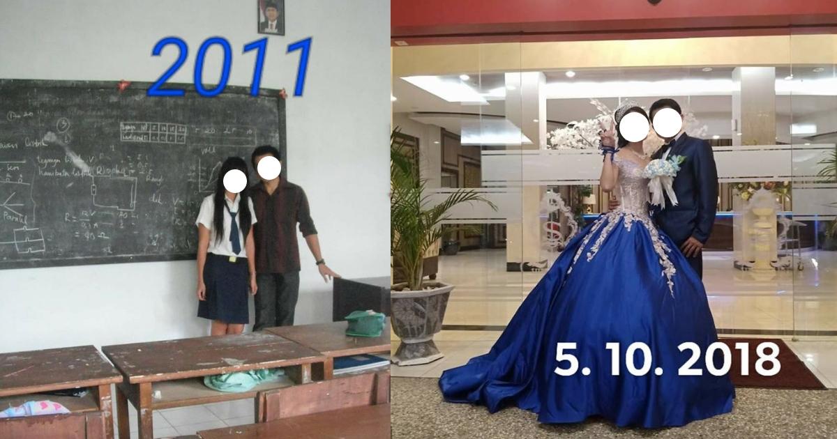 Photos of the couple in 2011, when he was her middle school science teacher, and from their wedding earlier this year. Source: Facebook 
